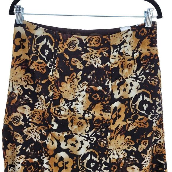 Vintage 90's Jones Wear Skirt Midi Trumpet Ruffle Abstract Burnt Floral Brown 8 - Picture 8 of 9